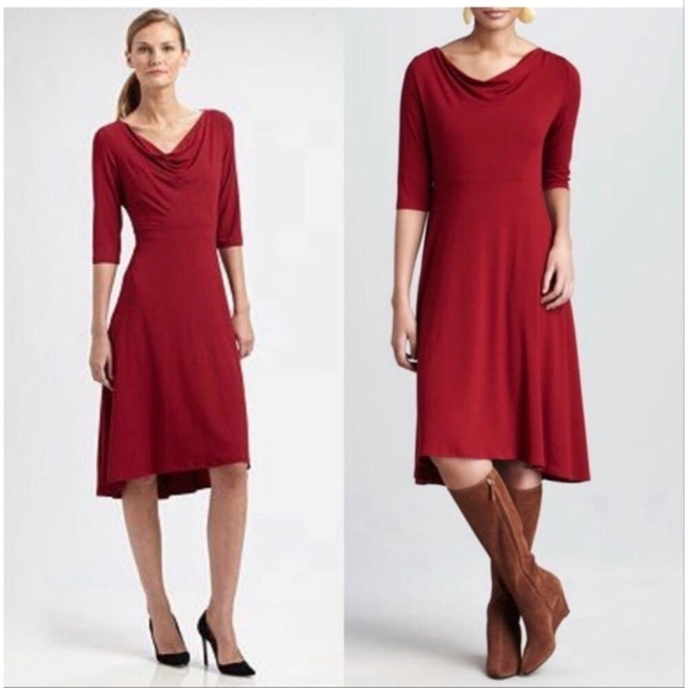 Eileen Fisher Cowl Drape Neck Wine Red Knit Pull on High Low Quiet Luxury Large
